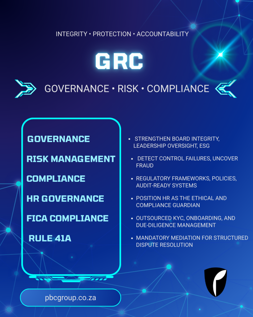 PBC Group governance, risk, and compliance services including board integrity, risk management, regulatory compliance, HR governance, KYC onboarding, and structured dispute resolution in South Africa.